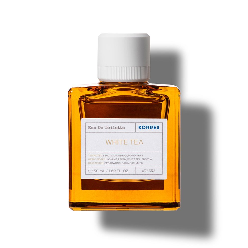 KORRES White Tea Eau de Toilette – bernsteinfarbene Flasche 50ml, weißer Deckel, weißer Hintergrund – Parfüm