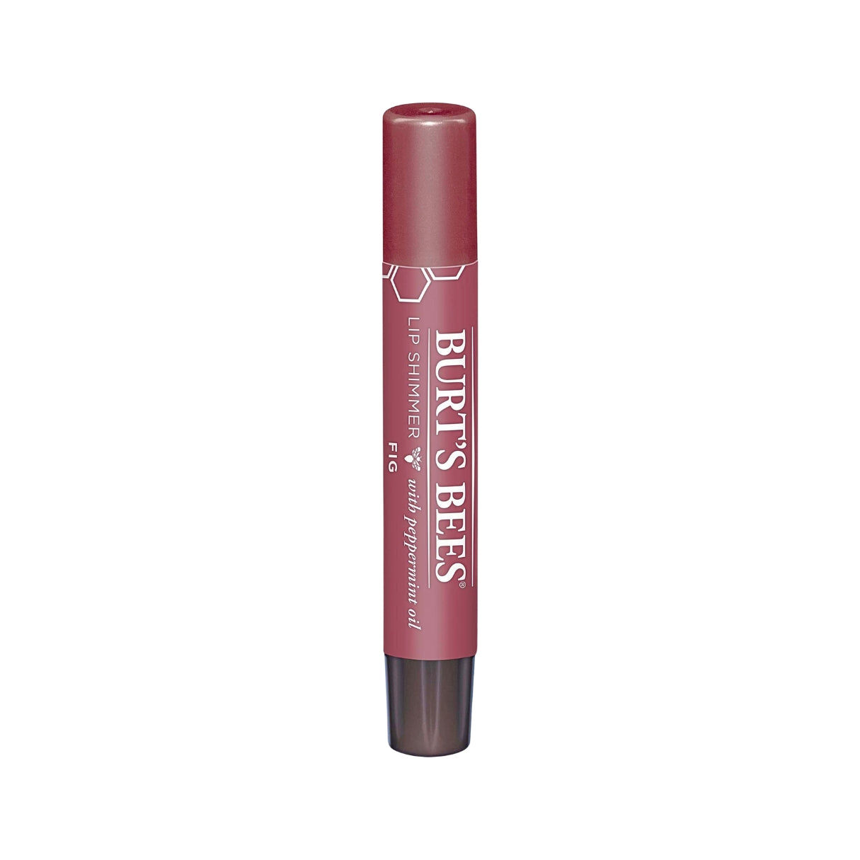 Burt’s Bees Lip Shimmer Fig – rosafarbener Stift mit dunklem Deckel, weißer Hintergrund – Lippenpflege