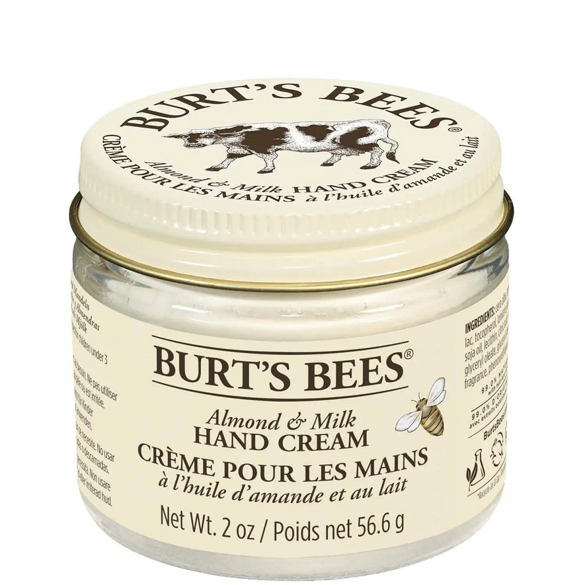 Burt’s Bees Mandel & Milch Handcreme – Glasdose 56,6 g, cremefarbener Deckel, weißer Hintergrund – Handpflege