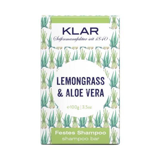 KLAR Festes Shampoo Lemongrass & Aloe Vera – 100g Verpackung mit grünem Design, weißem Hintergrund – Haarpflege