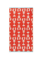 Lobster Organic Cotton Bath Towel – vibrant red towel with white lobster print and light blue border – bathroom