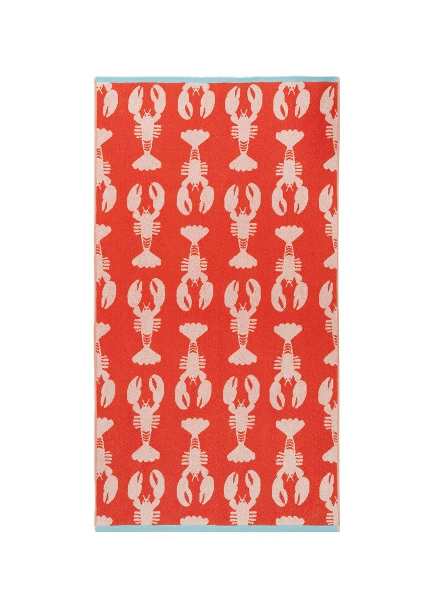 Lobster Organic Cotton Bath Towel – vibrant red towel with white lobster print and light blue border – bathroom