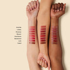 Balmy Tint Hydrating Lip Balm – Farbvarianten auf drei Unterarmen, cremiger Finish, beige Hintergrund – Lippenpflege