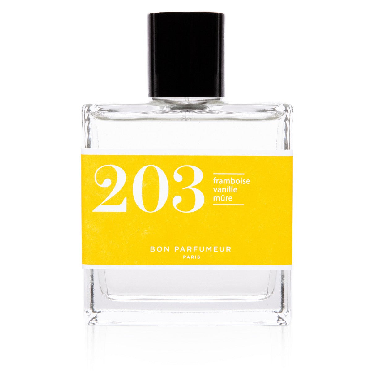 Bon Parfumeur 203 Raspberry – klares Glasfläschchen mit schwarzem Deckel, gelbes Etikett, weißer Hintergrund – Parfüm