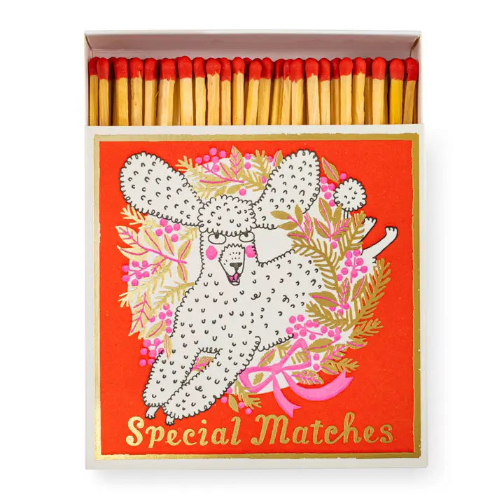 Special Matches – red matchbox with white poodle, gold lettering and pink accents – decoration