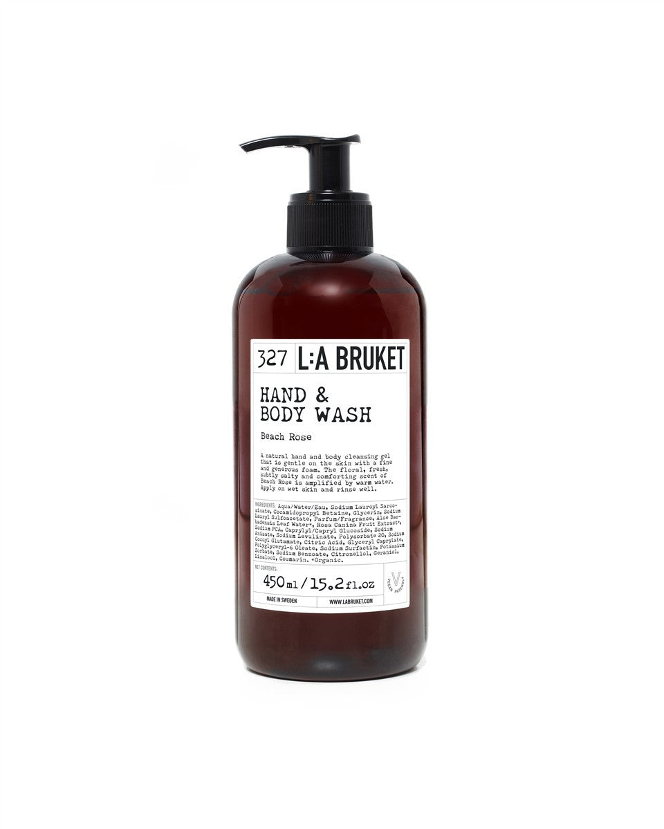 L:A BRUKET No. 327 Hand & Body Wash Beach Rose – braune Flasche 450ml, schwarzer Pumpverschluss, weißer Hintergrund – Hautpflege