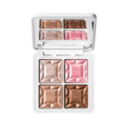 rms beauty ReDimension Daily Glow Palette, weiße kompakte Palette mit Highlighter-Farben auf weißem Hintergrund
