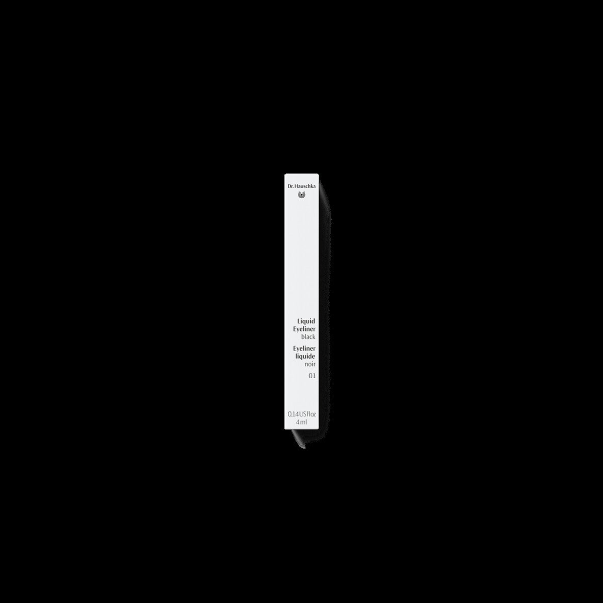 Dr. Hauschka Liquid Eyeliner 01 Schwarz – schwarzer Stift, weißes Etikett 4ml, schwarzer Hintergrund – Augen-Make-up