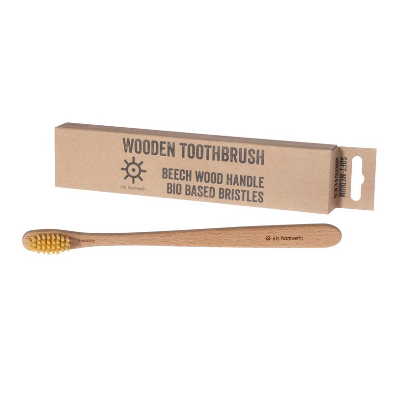 iris hantverk Wooden Toothbrush with bio based bristles, beech wood handle, brown cardboard packaging – oral care
