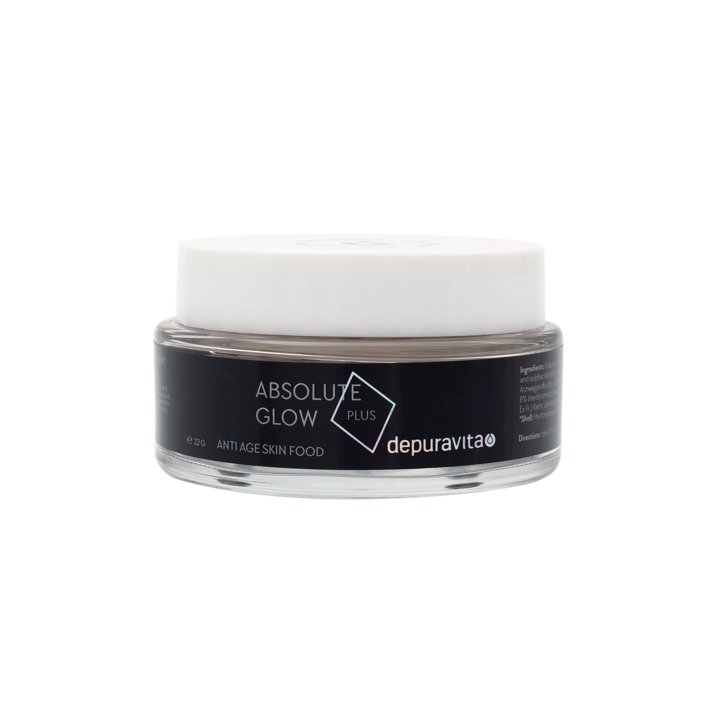 Absolute Glow Plus von depuravita – schwarzes Glasgefäß 22g, weißer Deckel, weißer Hintergrund – Anti-Aging Hautpflege