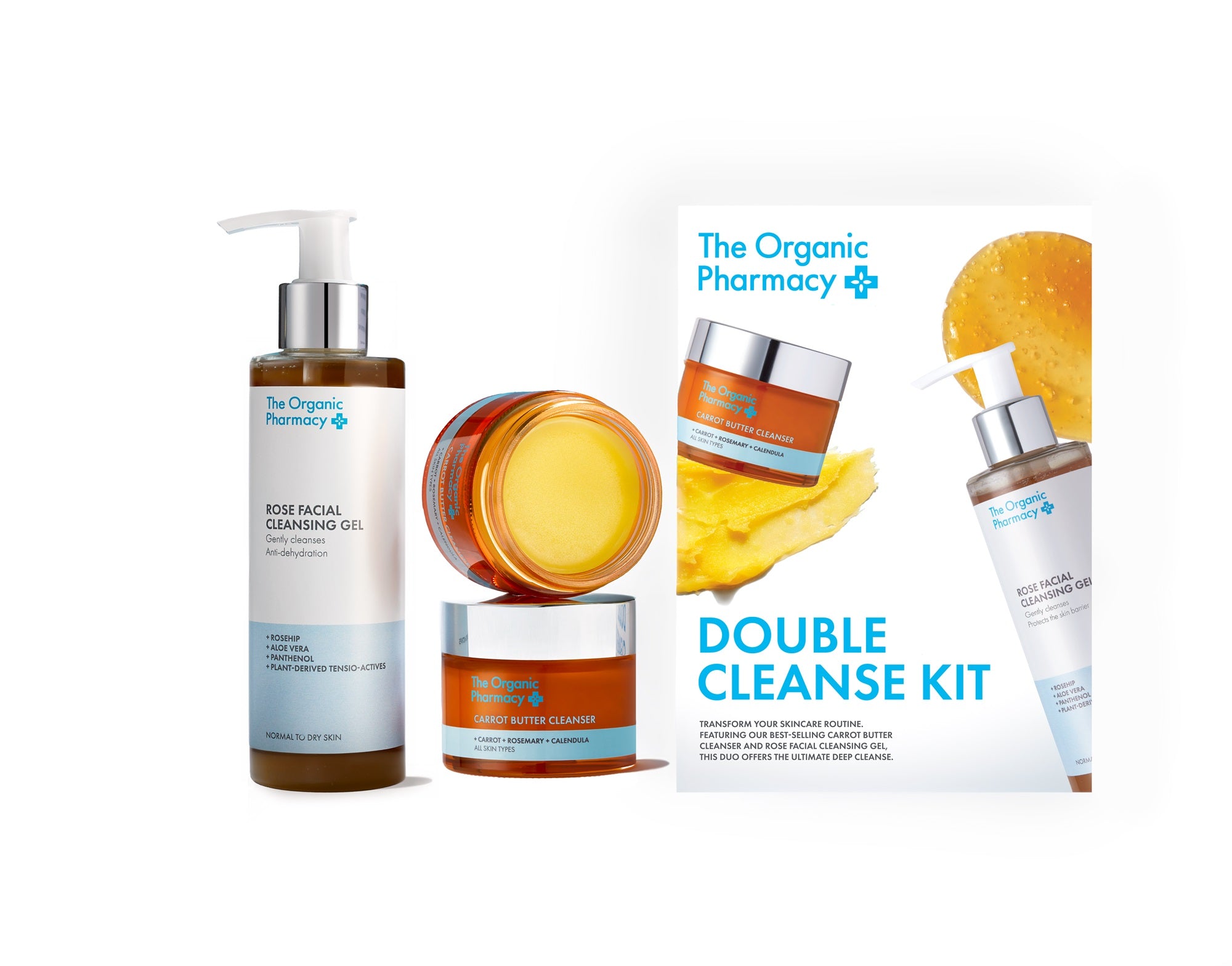 The Organic Pharmacy Double Cleanse Kit – Pumpflasche und Glasdose, orange-weiß, silberner Deckel, weißer Hintergrund – Hautpflege