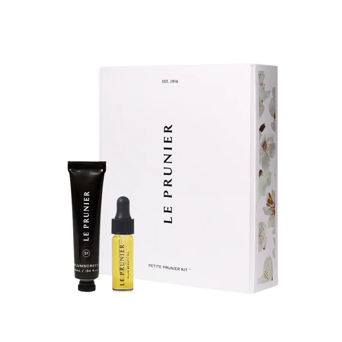 Le Prunier Petite Prunier Kit – schwarze Tube und gelbes Glasfläschchen mit Tropfer, weißer Karton, Hautpflege