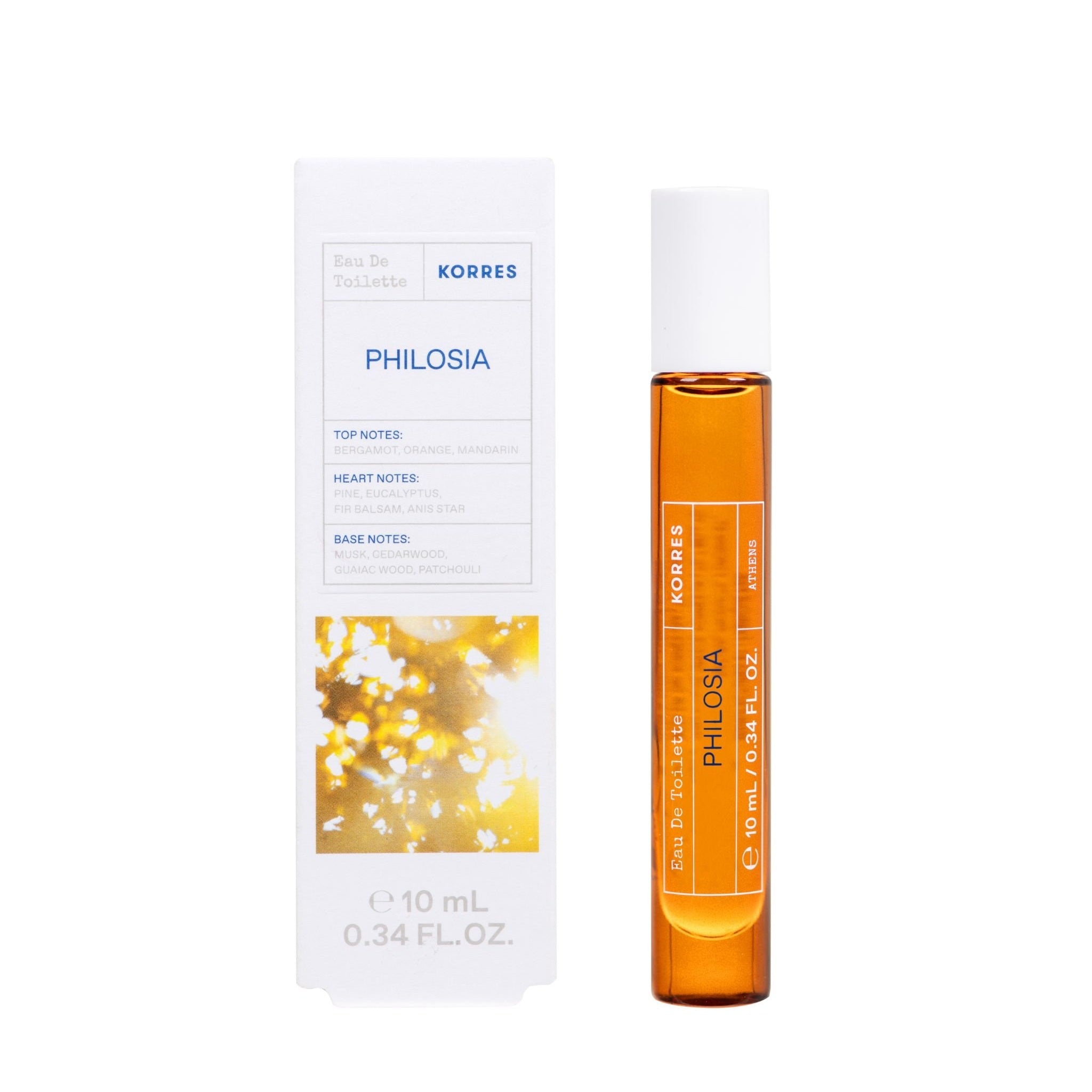 KORRES Philosia Eau de Toilette Roller – 10 ml, amber glass bottle with white cap, white background – perfume