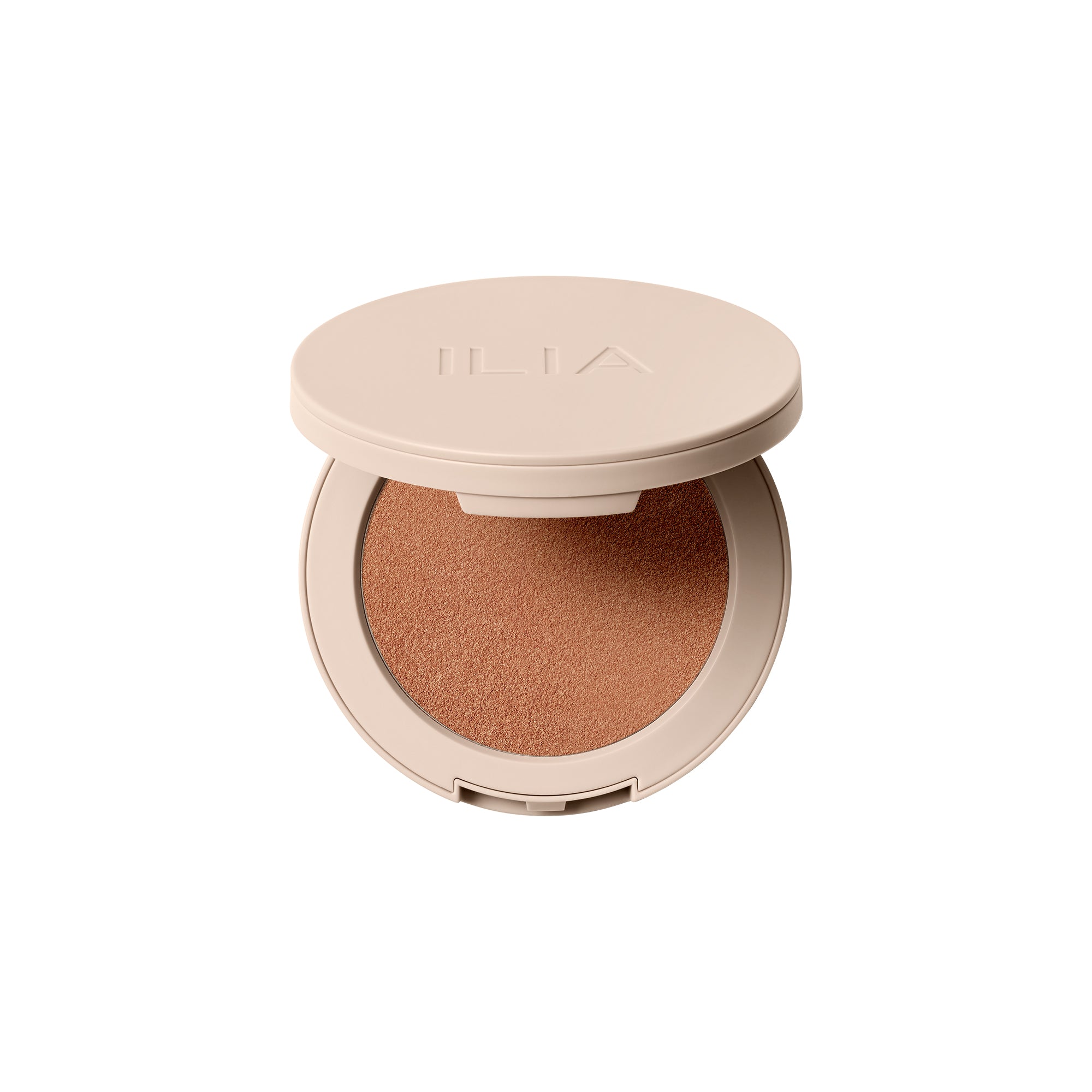 ILIA Lightshift Cream Highlighter in beiger Dose mit Deckel auf weißem Hintergrund, Make-up Highlighter