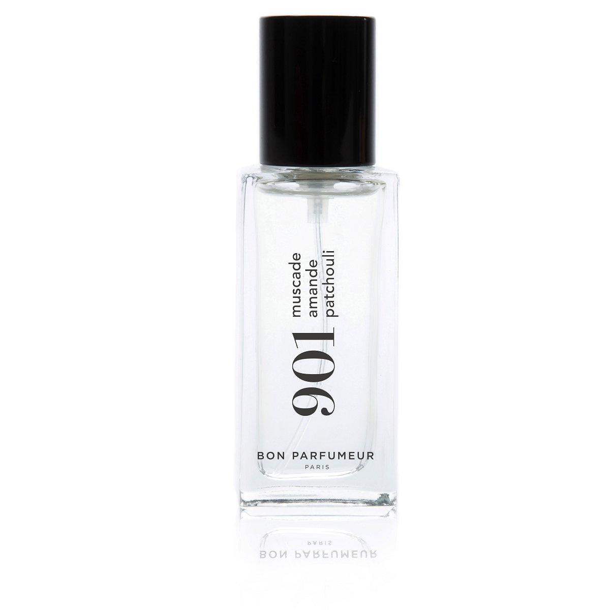Bon Parfumeur 901 Nutmeg – klares Glasfläschchen mit schwarzem Sprühkopf, weißem Hintergrund – Parfüm