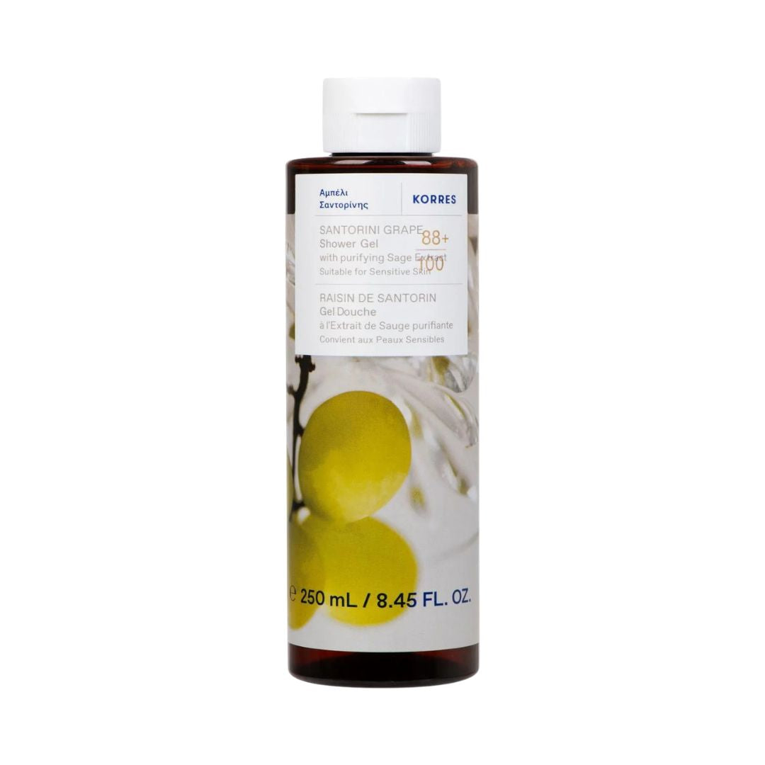 KORRES Santorini Trauben Duschgel – braune Flasche 250ml, weißer Deckel, weißer Hintergrund – Körperpflege