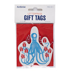 Archivist Geschenkanhänger – Tintenpress-Oktopus, 3er-Pack, weißes Etikett, roter Hintergrund – Geschenkverpackung