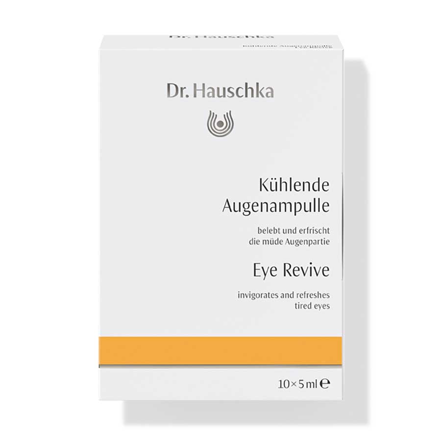 Dr. Hauschka Kühlende Augenampulle – weiße Verpackung mit orangefarbenem Streifen, 10×5ml, weißer Hintergrund – Augenpflege