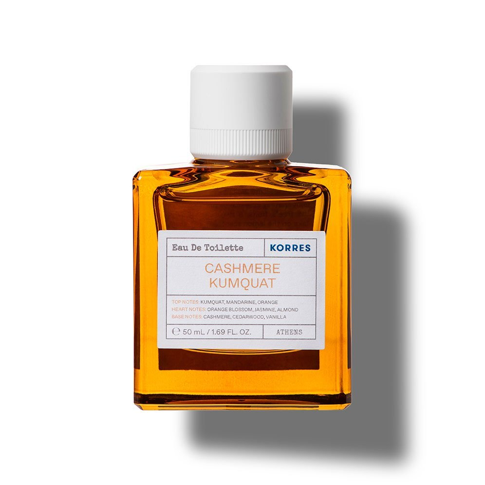 KORRES Cashmere Kumquat Eau de Toilette – orangefarbene Glasflasche 50ml, weißer Verschluss, weißer Hintergrund – Parfüm