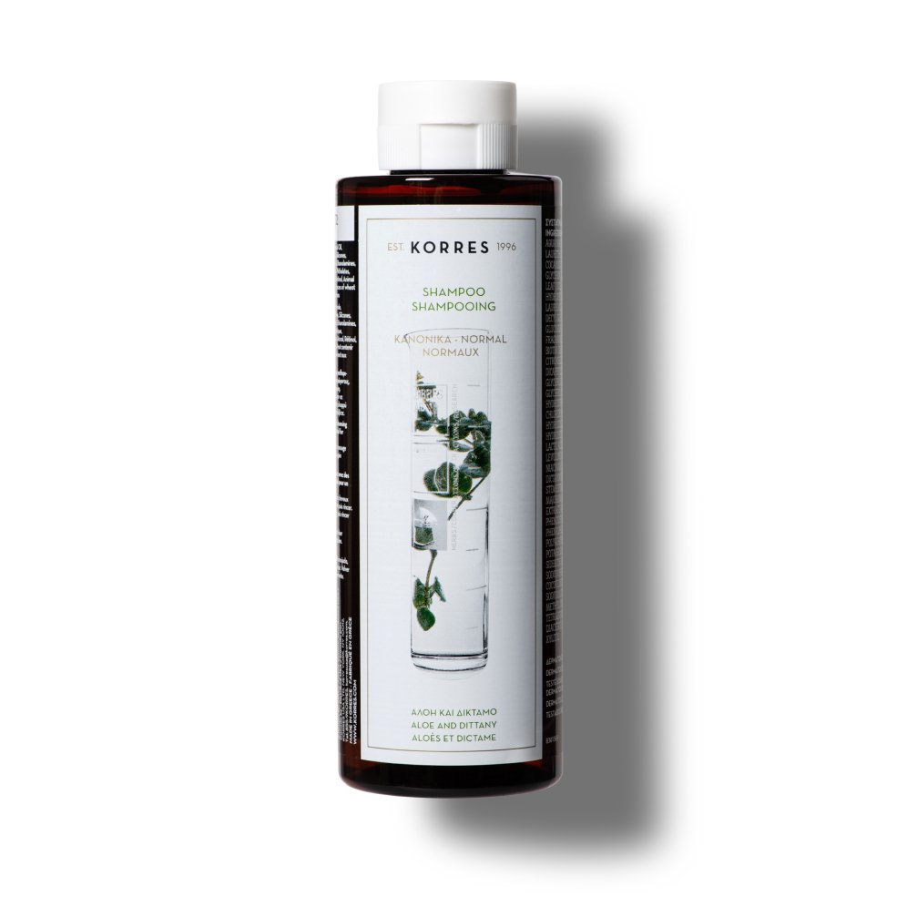 KORRES Aloe & Dittany Shampoo – braune Flasche mit weißem Deckel, weißem Hintergrund – Haarpflege