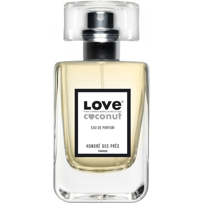 Love Coconut Eau de Parfum – klares Glasflakon mit Sprühkopf, weißem Etikett und schwarzem Verschluss, weißer Hintergrund – Parfüm