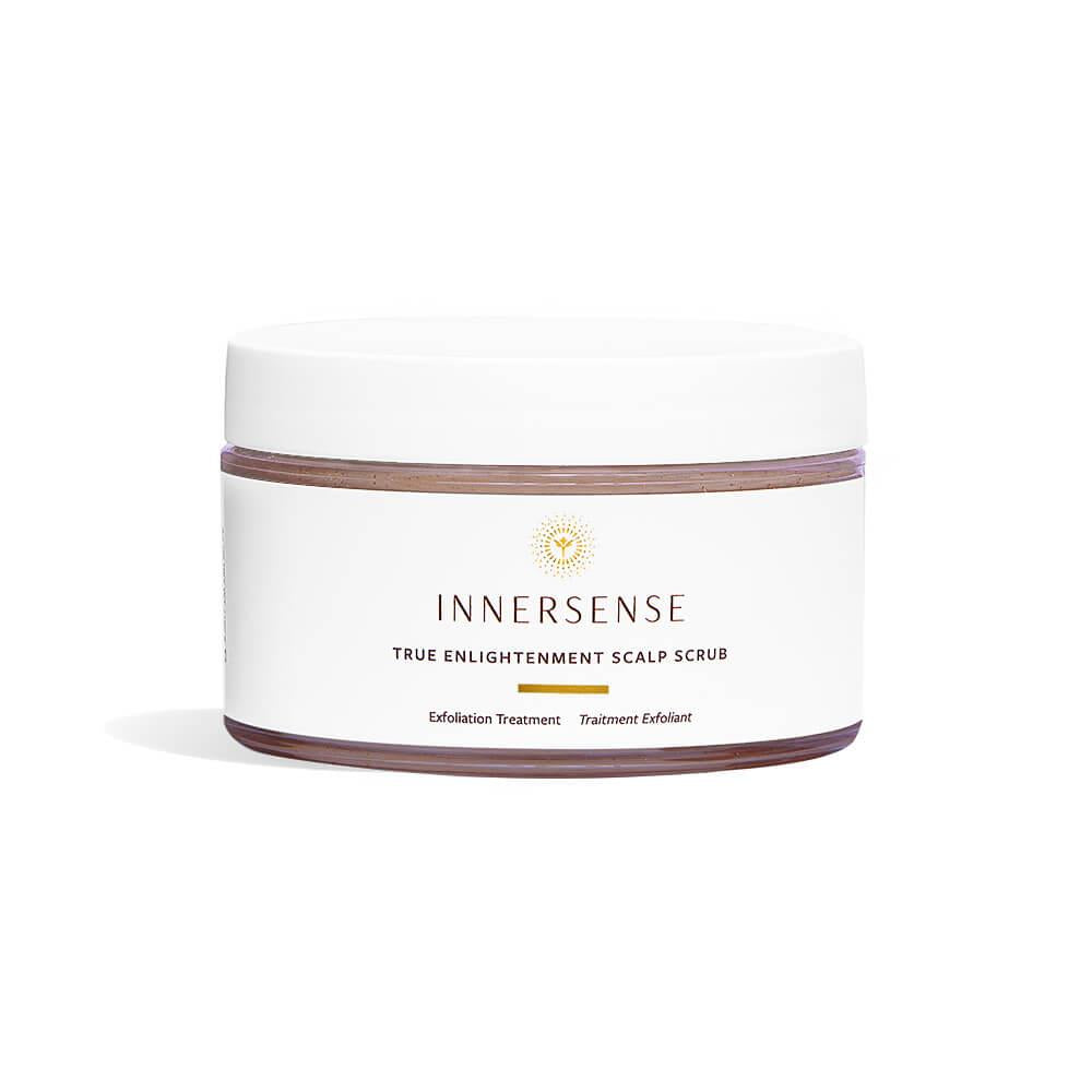 Innersense True Enlightment Scalp Scrub – weißer Glasbehälter mit weißem Deckel, weißem Hintergrund – Haarpflege