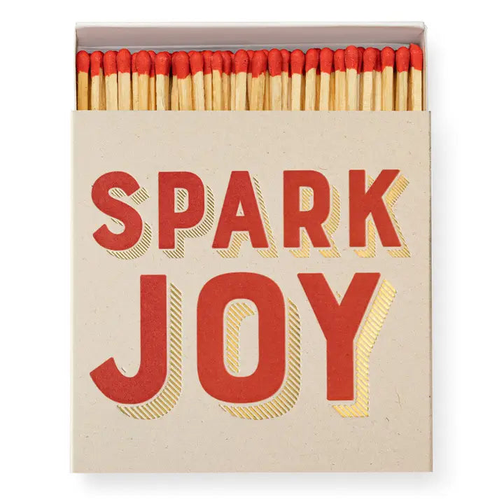 Spark Joy Matches – beige cardboard box with red tips, white background – decorative item