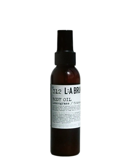 No. 312 Body Oil Lemongrass – braune Sprühflasche mit schwarzem Zerstäuber, weißem Etikett und weißem Hintergrund – Körperpflege