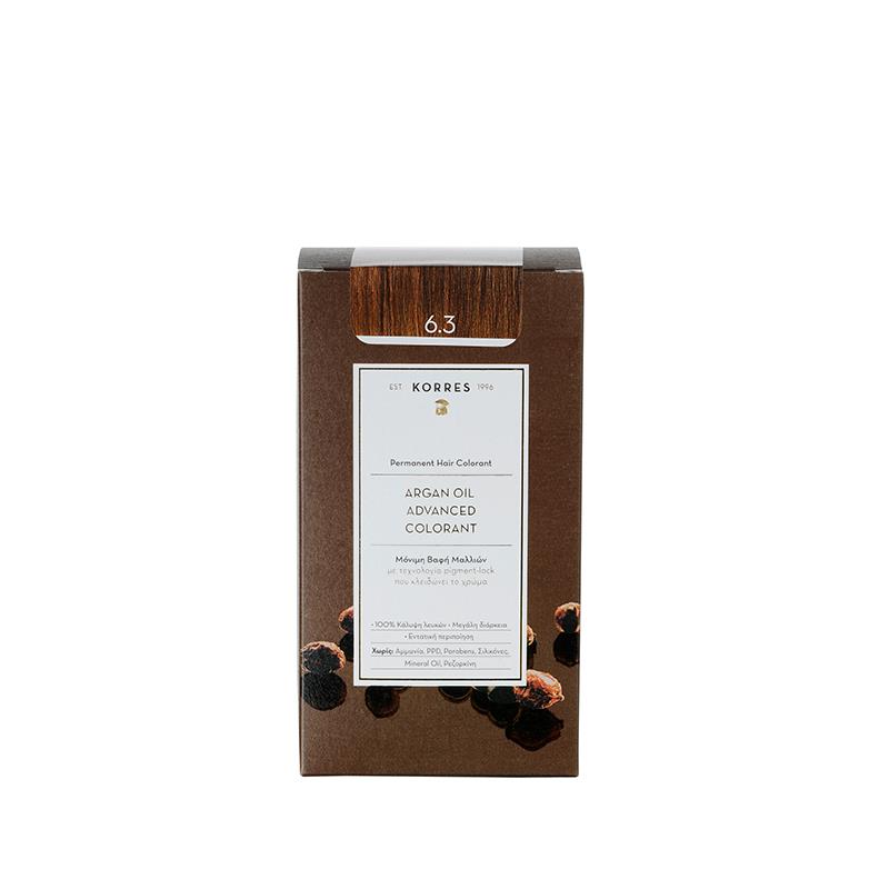 KORRES Arganöl Permanent Haarfarbe 6.3 – braune Kartonverpackung, weißer Hintergrund – Haarpflege