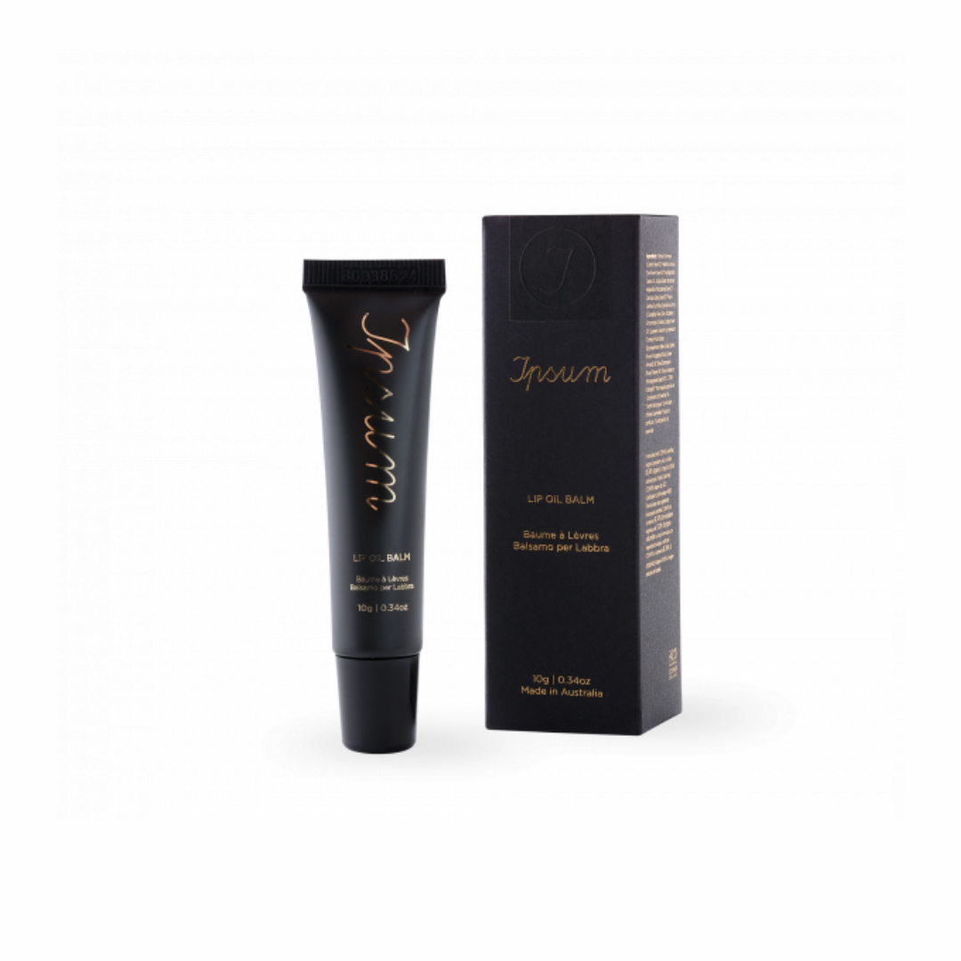 Ipsum Lip Oil Balm – schwarze Tube 10g, schwarzer Deckel, weißer Hintergrund – Lippenpflege