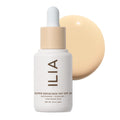 ILIA Super Serum Skin Tint SPF 30 – white glass bottle 30ml, beige dropper cap, white background – skin care