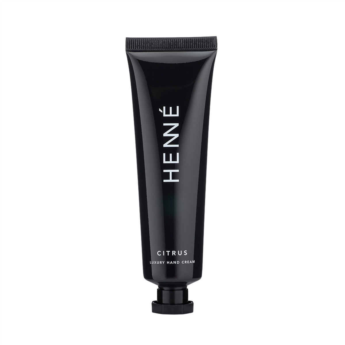 HENNÉ Citrus Luxus Handcreme – schwarze Tube mit schwarzem Deckel, weißer Hintergrund – Hautpflege