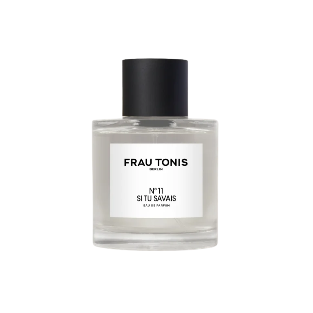 Frau Tonis N°11 Si Tu Savais Eau de Parfum – clear glass bottle, black cap, white background – perfume