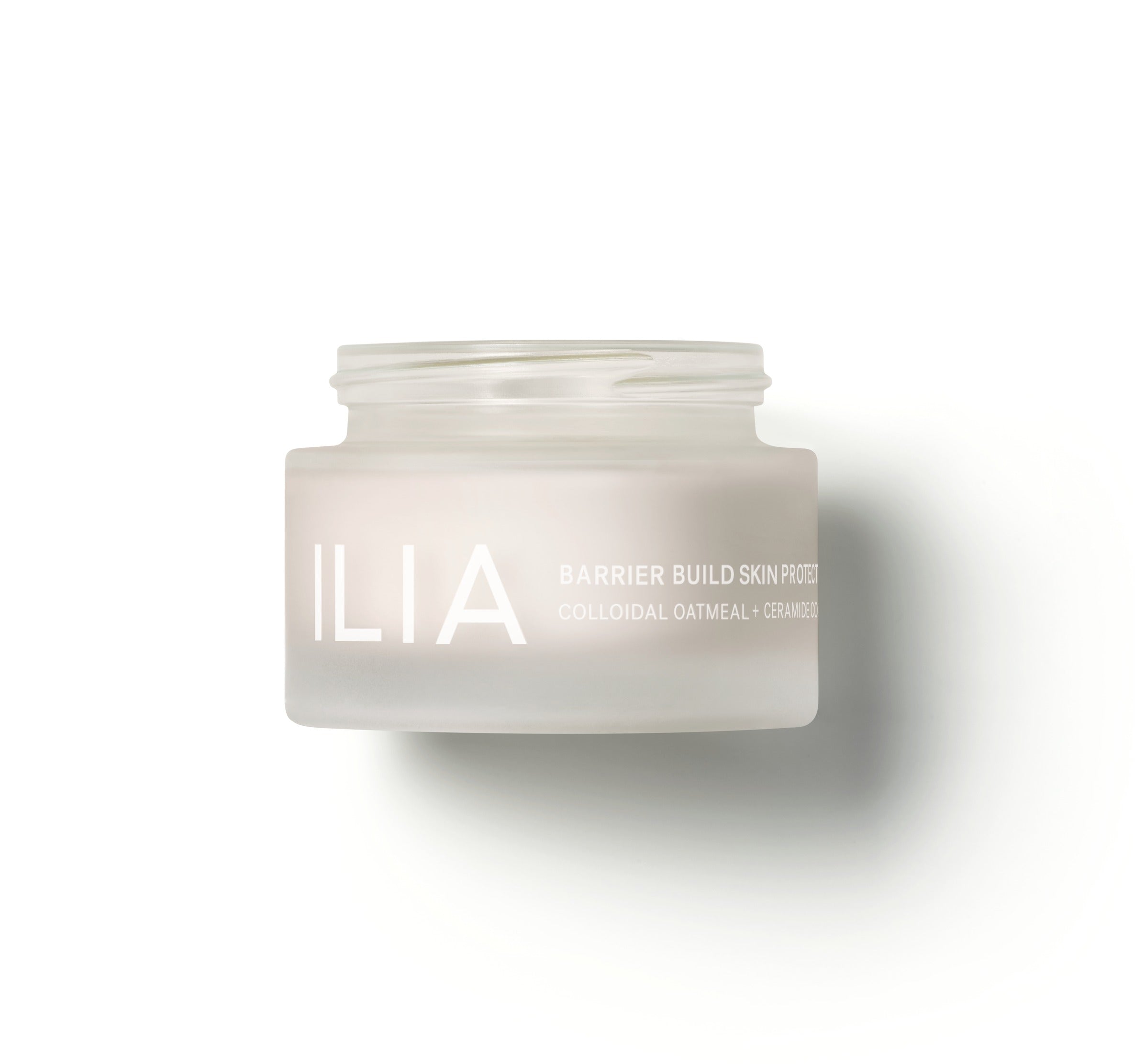 ILIA Barrier Build Skin Protectant Cream – cremefarbener Glasbehälter, weißer Hintergrund – Hautpflege