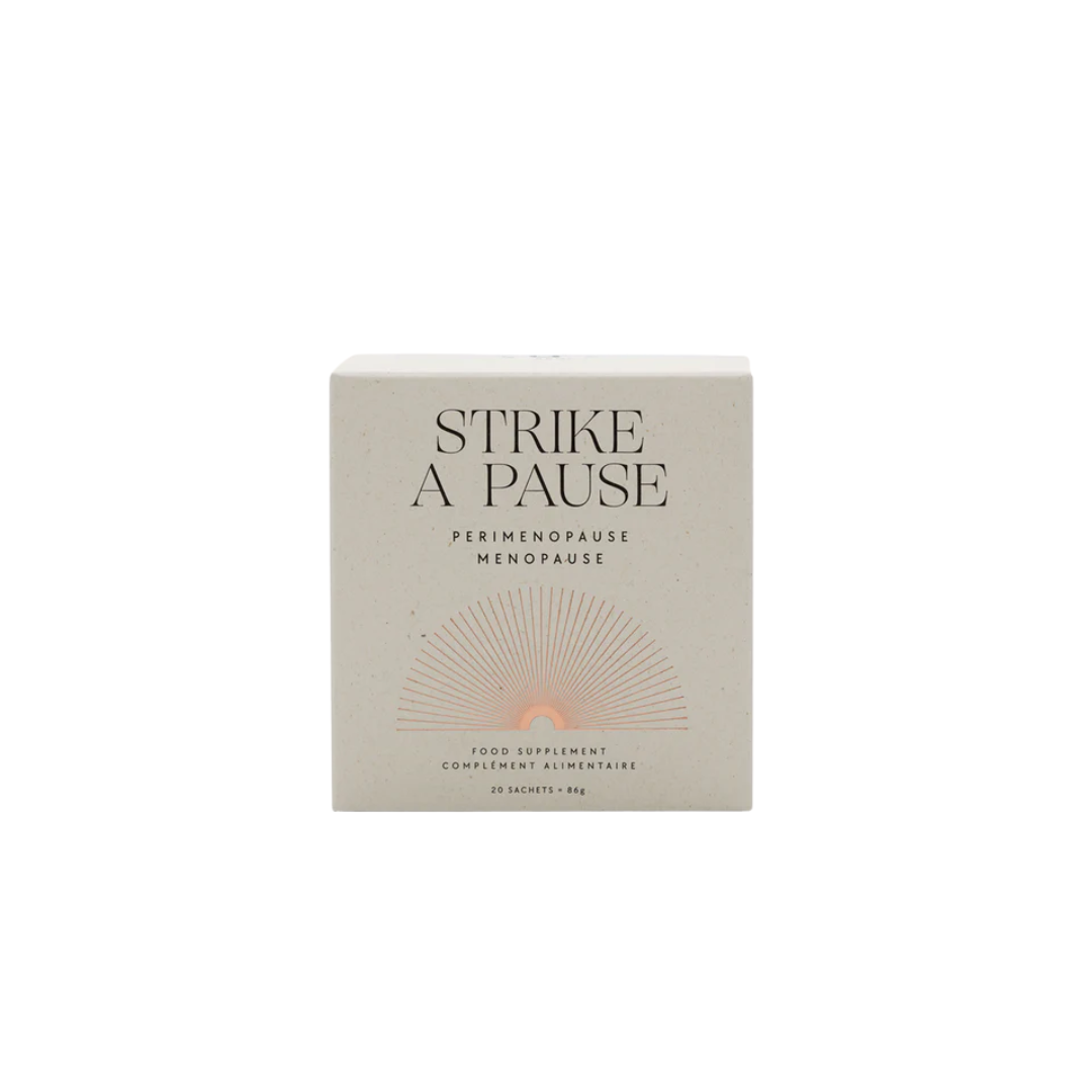 Strike a Pause Nahrungsergänzung – cremefarbene Box mit 20 Sachets, weißer Hintergrund – Menopause Support