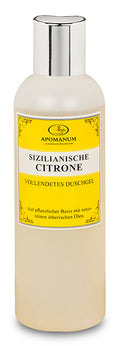 Apomatum Sizilianische Zitrone Duschgel – cremefarbene Flasche mit silbernem Deckel, gelbes Etikett, weißer Hintergrund – Hautpflege