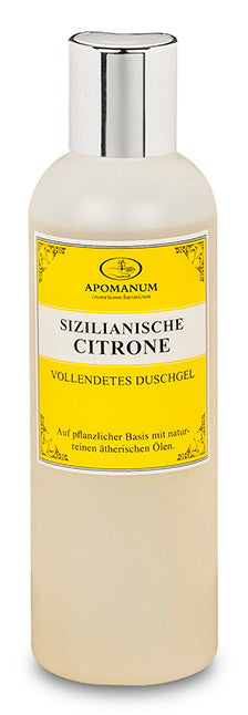 Apomatum Sizilianische Zitrone Duschgel – cremefarbene Flasche mit silbernem Deckel, gelbes Etikett, weißer Hintergrund – Hautpflege