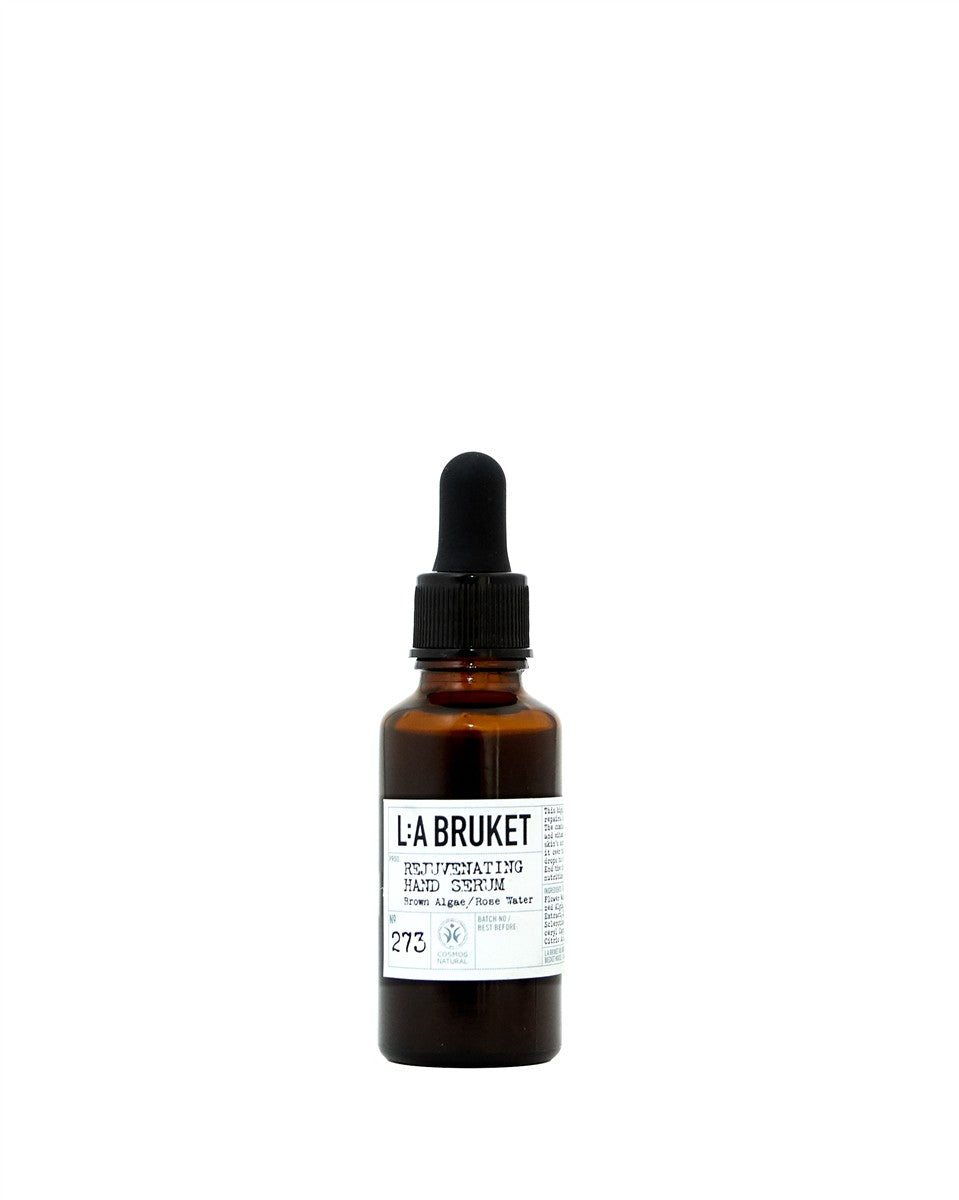 L:A BRUKET No. 273 Handserum – braunes Glasfläschchen mit Tropfverschluss, weißem Etikett und weißem Hintergrund – Hautpflege