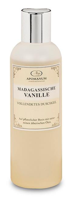 Apomatum Madagassische Vanille Duschgel – cremefarbene Flasche mit silbernem Deckel, weißem Hintergrund – Körperpflege