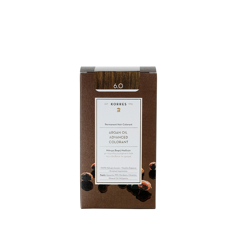 KORRES Arganöl Permanent Haarfarbe 6.0 – braune Kartonverpackung, weißer Hintergrund – Haarpflege