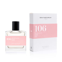 Bon Parfumeur 106 Rose Damascena – klares Glasfläschchen 30ml, schwarzer Verschluss, weißer Hintergrund – Parfüm