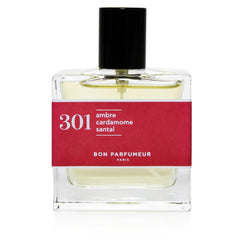 Bon Parfumeur 301 Parfumflasche mit schwarzem Verschluss und rotem Etikett auf weißem Hintergrund, Duft