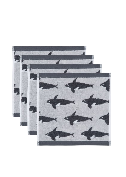 Orca Organic Cotton Waschlappen – grau mit schwarzen Orcas, 4 Stück, weißer Hintergrund – Gesichtspflege