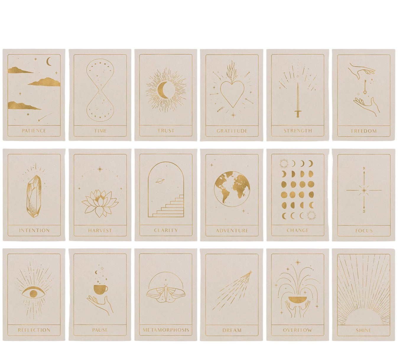 Cosmic Intentions Karten-Set – 18 goldene Karten mit kosmischen Symbolen auf cremefarbenem Hintergrund – spirituelle Schönheit