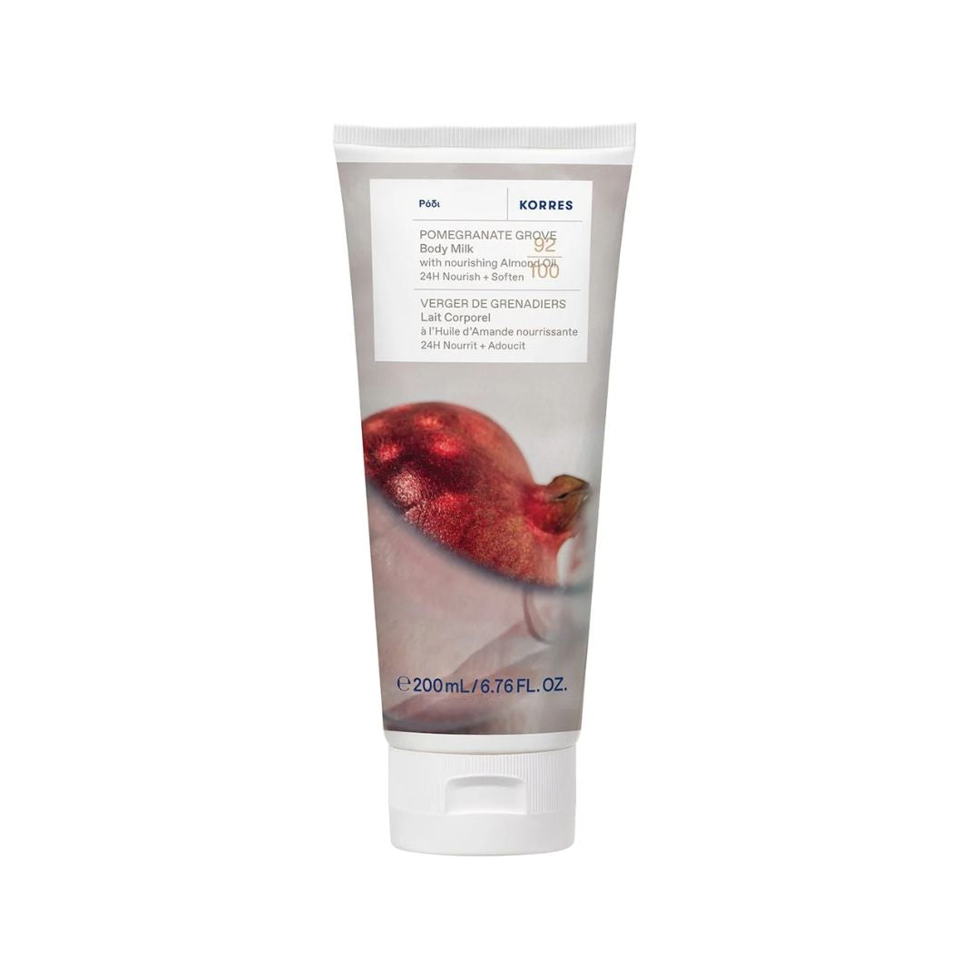 KORRES Pomegranate Grove Körpermilch – weiße Tube 200ml, weißer Verschluss, weißer Hintergrund – Körperpflege