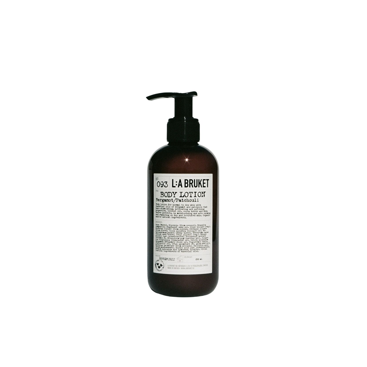 L:A BRUKET No. 093 Bodylotion – dunkle Flasche 250 ml mit Pumpverschluss, weißem Etikett und weißem Hintergrund – Körperpflege