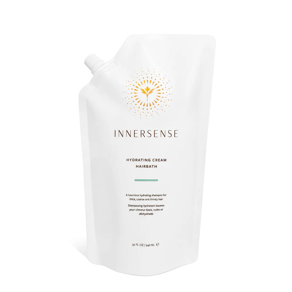 INNERSSENSE Hydrating Cream Hairbath – weiße Standbeutel 946ml, weißer Verschluss, weißer Hintergrund – Haarpflege