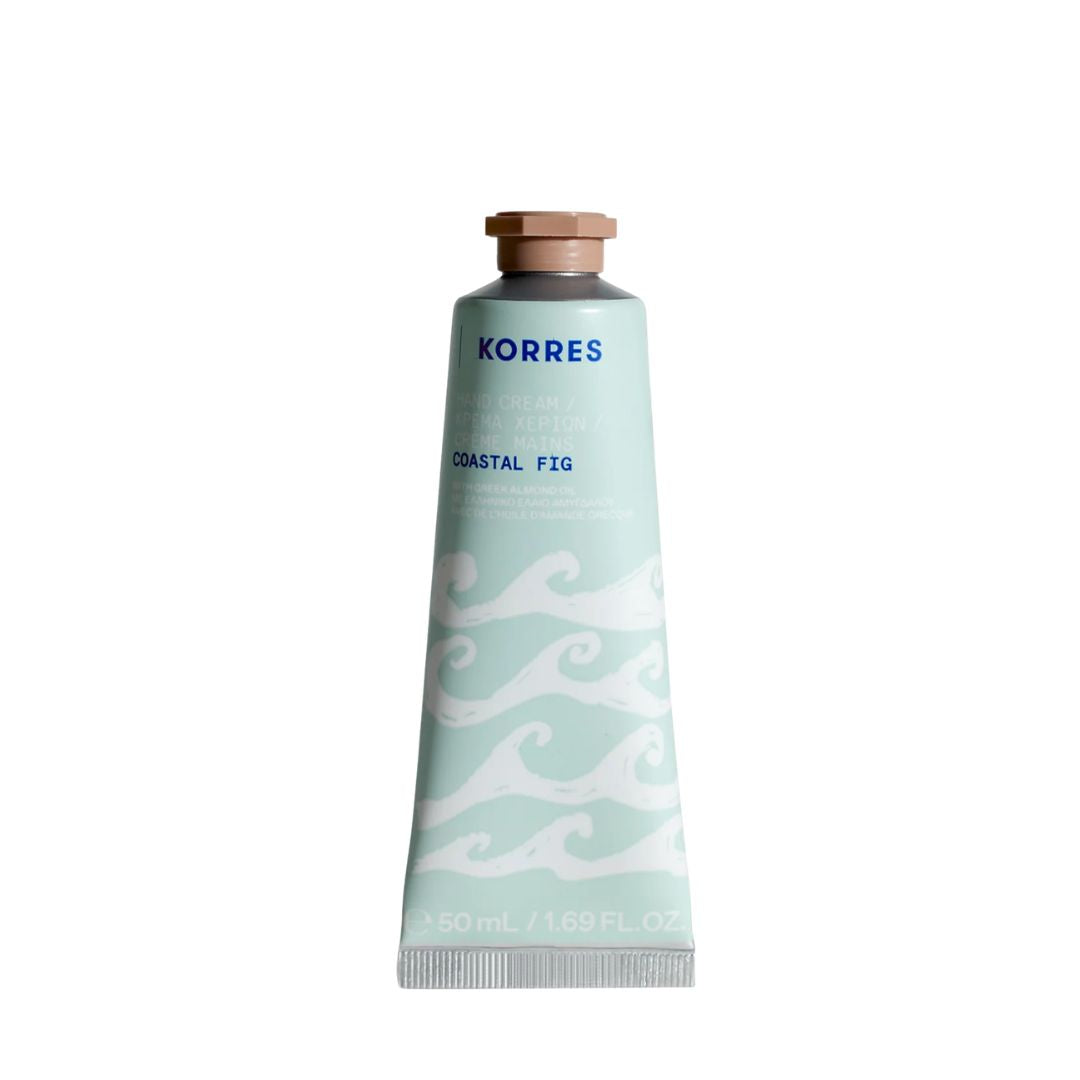 KORRES Hand Cream Coastal Fig – light blue tube 50ml, brown cap, white background – skin care