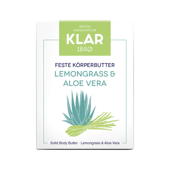 KLAR 1840 Feste Körperbutter Lemongrass & Aloe Vera – weißes Kartonpaket, grünes Etikett, weißer Hintergrund – Körperpflege