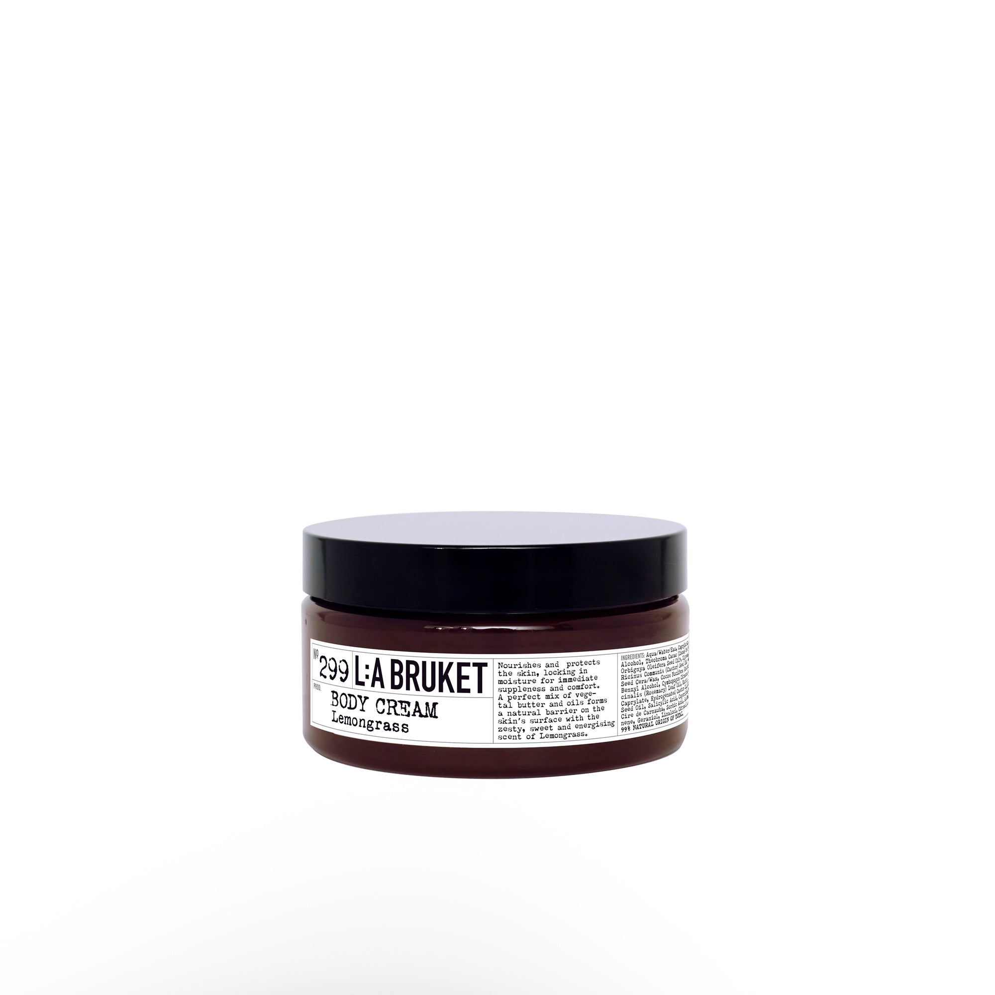 L:A BRUKET No. 299 Body Cream Lemongrass – brauner Tiegel mit schwarzem Deckel, weißem Etikett und Hintergrund – Körperpflege